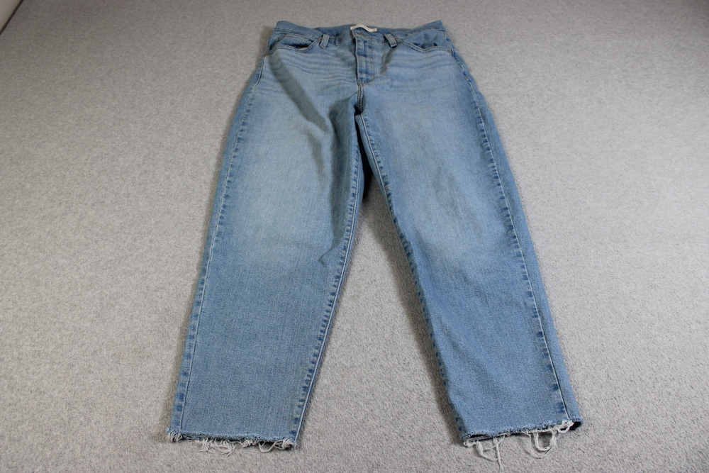 Levis High Waisted Mom Jeans Women 31 Blue Light Wash Raw Hem Crop Stretch Denim